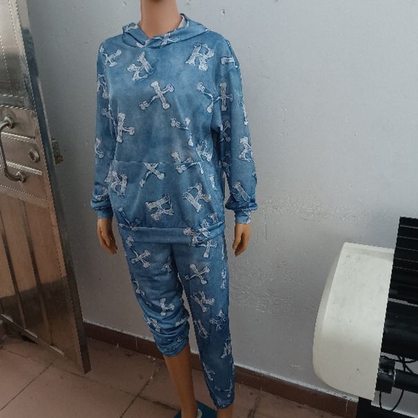 Women's Clothing new autumn style printed pocket long-sleeved sweatshirt 2-piece set, trousers suit for women_mkmklike.com