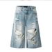 Retro High Street Ripped Denim Capri Pants Loose Fit Summer 7/8 Length For Men And Women Trendy Cotton Mid Waist Black Blue_mkmklike.com