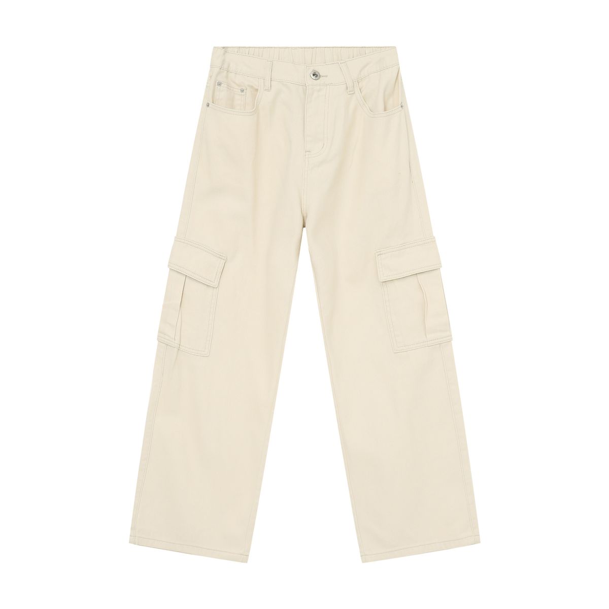 EF JEANS | 2024 New Vintage Simple Large Pocket Color Semi-elastic Waist Overalls Light Apricot Jeans_mkmklike.com