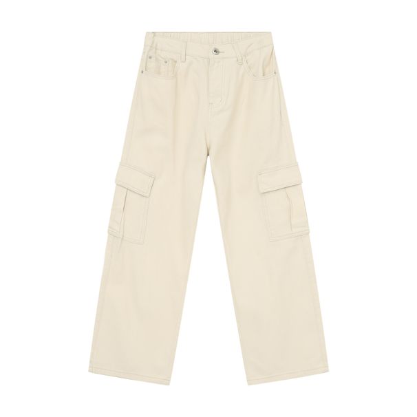 EF JEANS | 2024 New Vintage Simple Large Pocket Color Semi-elastic Waist Overalls Light Apricot Jeans_mkmklike.com