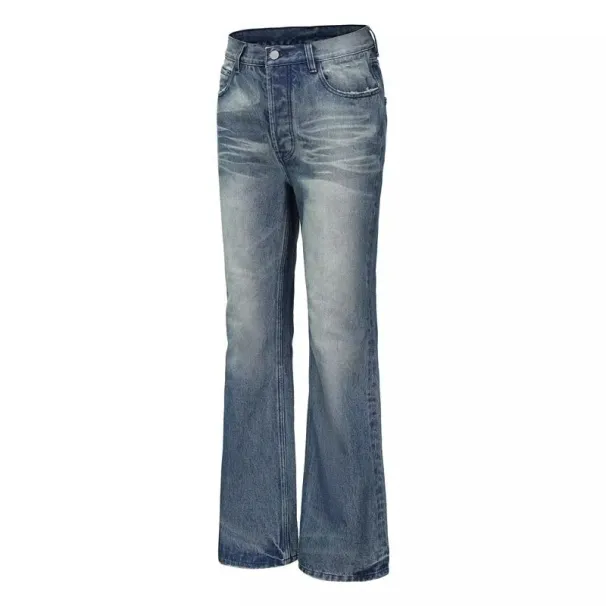 Men's Clothing Men's Ice Blue Ripple Wash Jeans - Bootcut Vintage Denim Pants (Retro Streetwear Style)_mkmklike.com