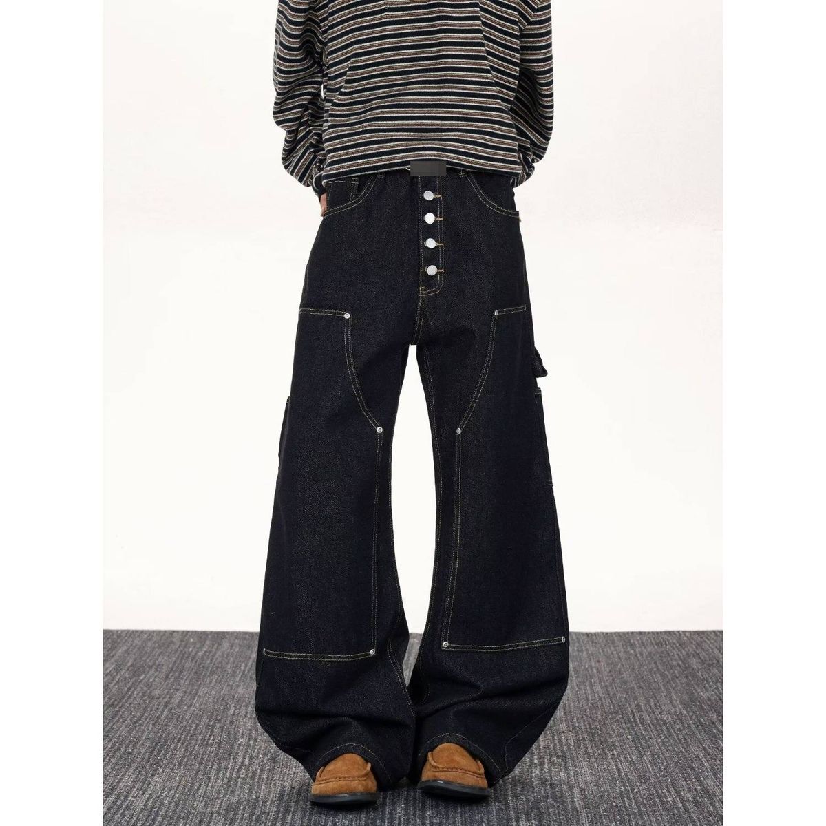 Men's Black High-Street Cargo Jeans – Relaxed Straight Fit With Button Fly (S-3XL)_mkmklike.com