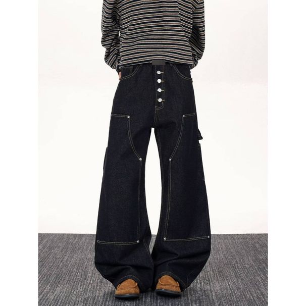 Men's Black High-Street Cargo Jeans – Relaxed Straight Fit With Button Fly (S-3XL)_mkmklike.com