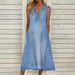 ELLE European And American Summer New Solid Color Sleeveless V-Neck Casual Denim Dress_mkmklike.com