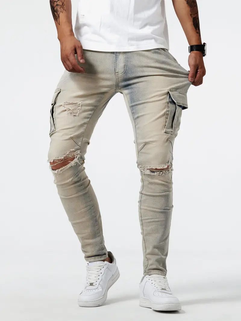 European And American New Jeans Men's Side Pockets Skinny Jeans Casual Overalls Pants Trousers Fashion_mkmklike.com