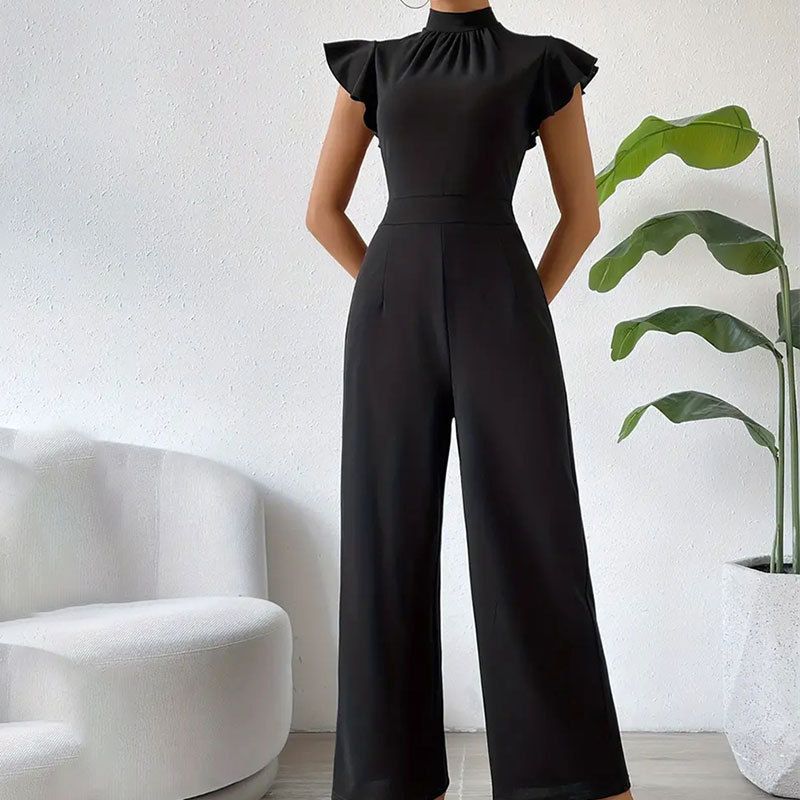 Women's stand-up collar ruffled wide-leg pants drape trousers women sleeveless jumpsuit casual pants pants women summer_mkmklike.com