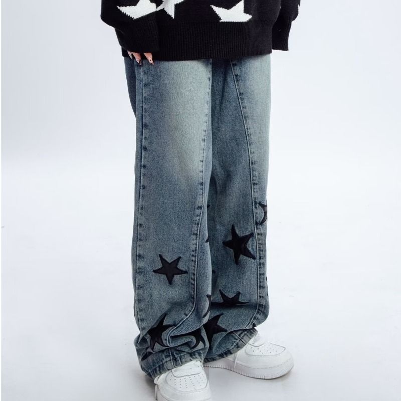Unisex Retro Star-Print Jeans – Relaxed Straight Fit, High Street Vibe & Couple Styling_mkmklike.com