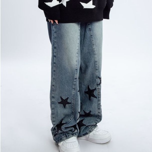 Unisex Retro Star-Print Jeans – Relaxed Straight Fit, High Street Vibe & Couple Styling_mkmklike.com