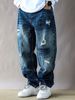 Men's Retro Washed Distressed Multi-Pocket Cargo Jeans High Street Trendy Wide Leg Floor-Length Casual Pants_mkmklike.com