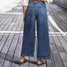 Women's Retro Wide Leg Casual Jeans mid Rise Stretch Distressed Hem Slanted Pockets Cropped Length European American Style_mkmklike.com