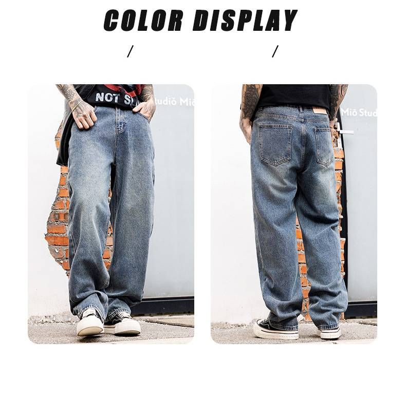 Men's Blue Jeans High Street Style Hip Hop Spring New Mid Length Straight Leg Casual Versatile Loose Wide Leg Pants_mkmklike.com