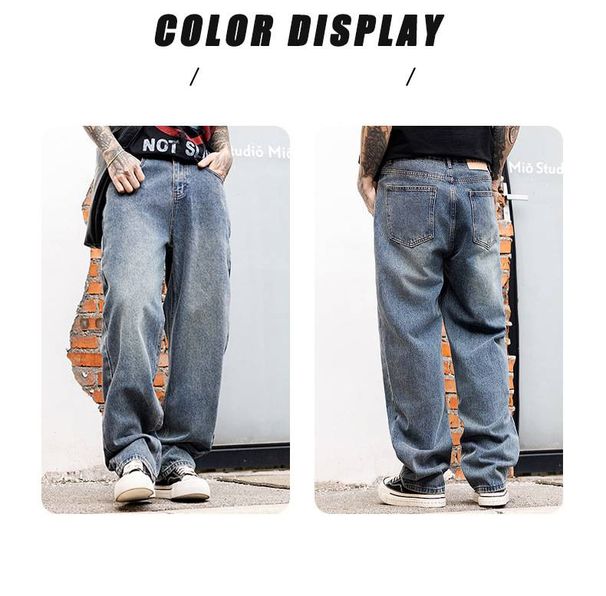 Men's Blue Jeans High Street Style Hip Hop Spring New Mid Length Straight Leg Casual Versatile Loose Wide Leg Pants_mkmklike.com