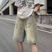 Men's Yellowish Brown Denim Shorts High Waist Straight Leg Casual Loose Five Point Summer Retro Trendy Brand_mkmklike.com
