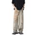 Men's High Street Vibe Trendy Yellow Mud Dyed Washed Distressed Jeans Loose Straight Wide Leg Pants American Retro Style_mkmklike.com