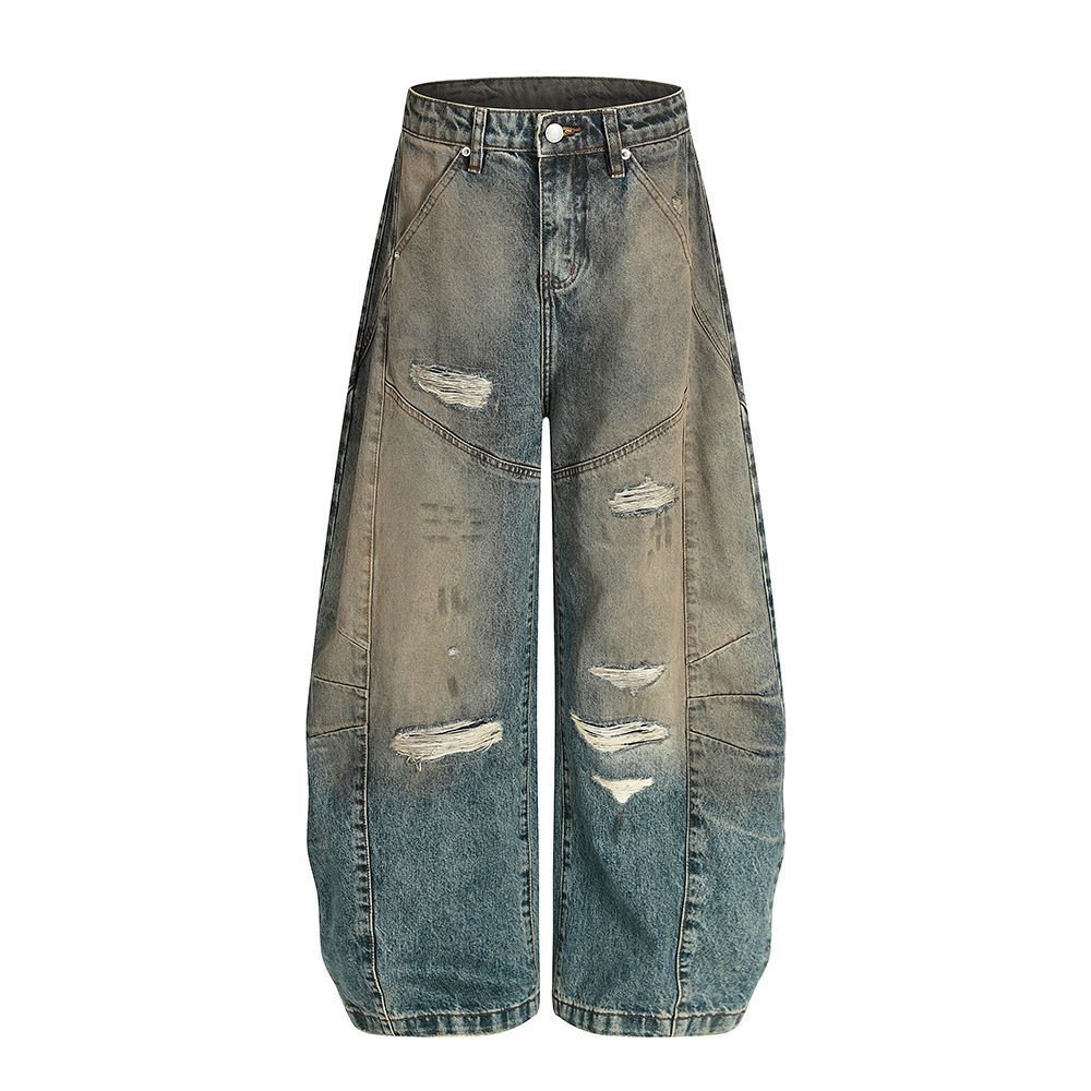 Post-Industrial Style Distressed Ripped Jeans For Men Punk High Street Three-Dimensional Deconstructed Dirty Wide-Leg_mkmklike.com