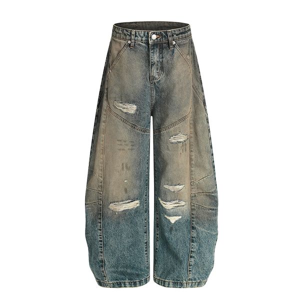 Post-Industrial Style Distressed Ripped Jeans For Men Punk High Street Three-Dimensional Deconstructed Dirty Wide-Leg_mkmklike.com