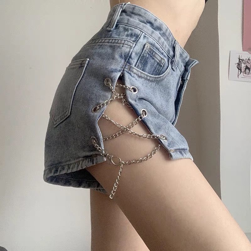 Trendy Girl Closet Trendy Girl Closet Plus Size Chain Denim Shorts Women 2025 New Style For Chubby Girls MM Split High Waist Pants_mkmklike.com