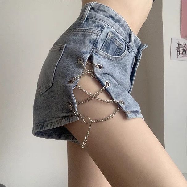 Trendy Girl Closet Trendy Girl Closet Plus Size Chain Denim Shorts Women 2025 New Style For Chubby Girls MM Split High Waist Pants_mkmklike.com