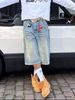 Men's Clothing Retro Washed High Street Denim Shorts For Men And Women Straight Wide Leg Distressed Loose Casual Versatile Cropped Pants_mkmklike.com