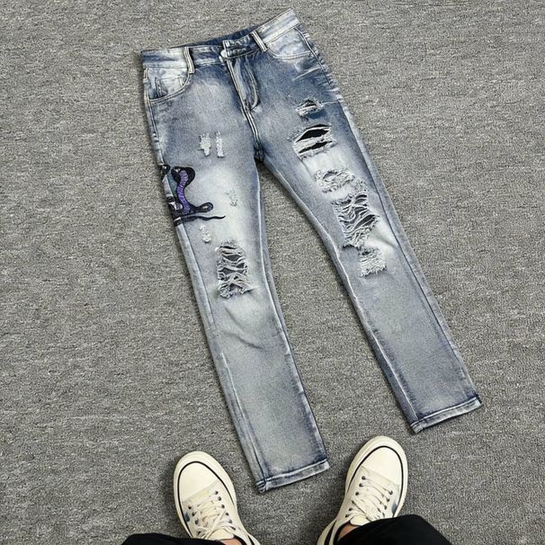 Men's Urban Leisure Gray Distressed Embroidered Jeans Slim Fit Stretch Mid Waist High Street Style Trousers_mkmklike.com