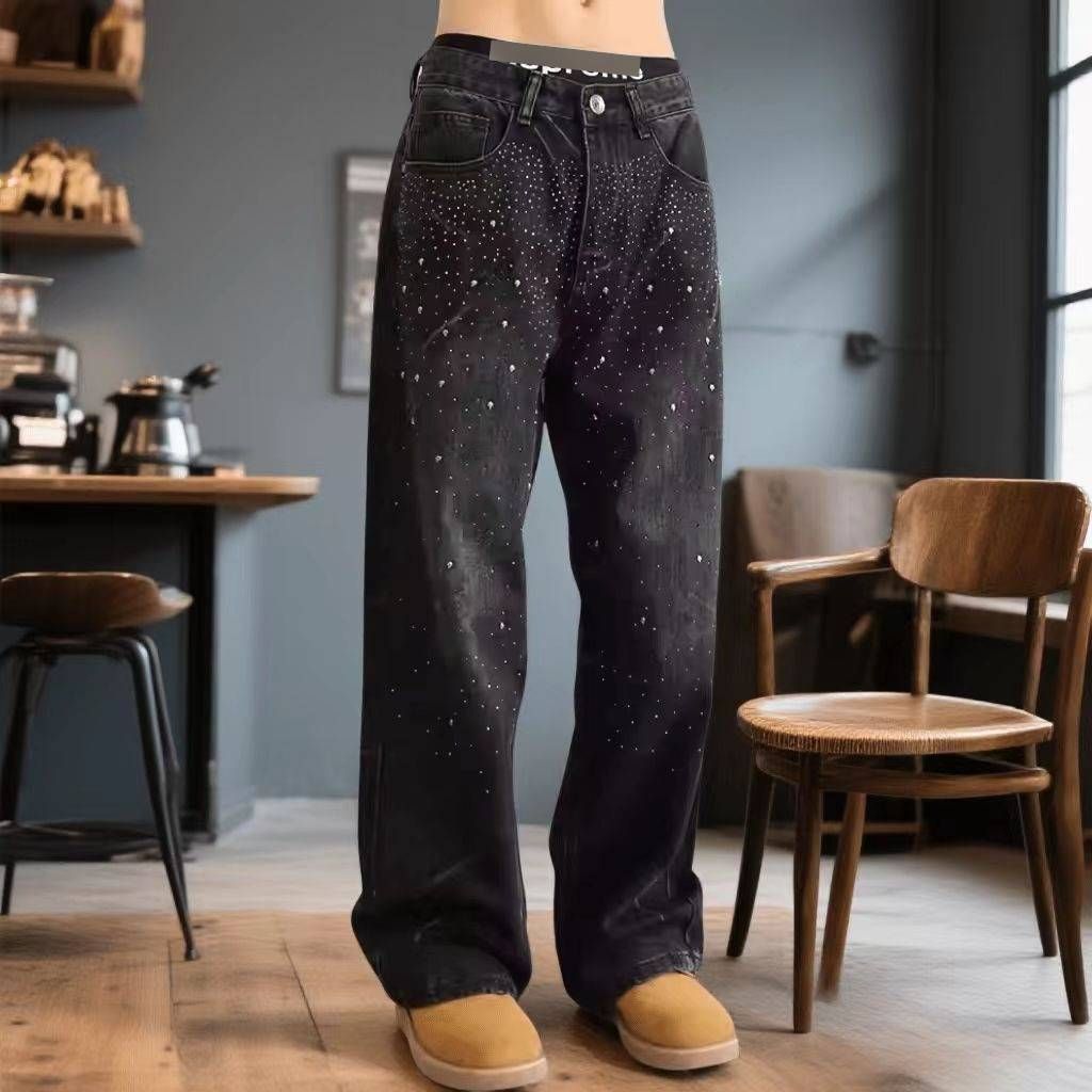 Men's American Style Retro Chic Rhinestone Patchwork Jeans Casual Comfortable Fit Denim_mkmklike.com