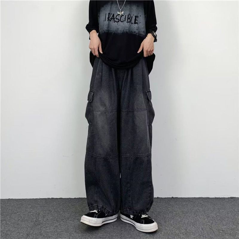 Vintage Loose Fit Cargo Jeans Retro Washed Denim Oversized Pockets Comfortable Dad Pants for Men And Women_mkmklike.com