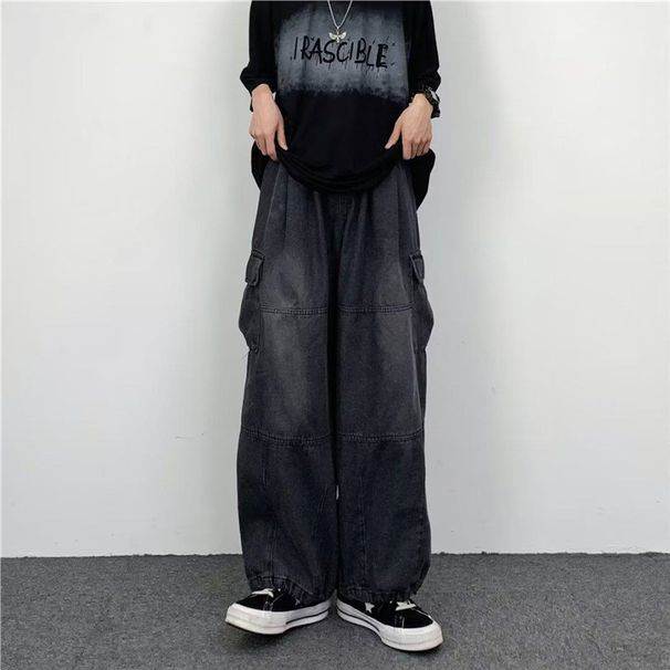 Vintage Loose Fit Cargo Jeans Retro Washed Denim Oversized Pockets Comfortable Dad Pants for Men And Women_mkmklike.com