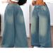 Women's Washed Blue Relaxed Fit Ripped Jeans - High Waist Wide Leg Boho Vintage Denim Pants For Casual Streetwear_mkmklike.com