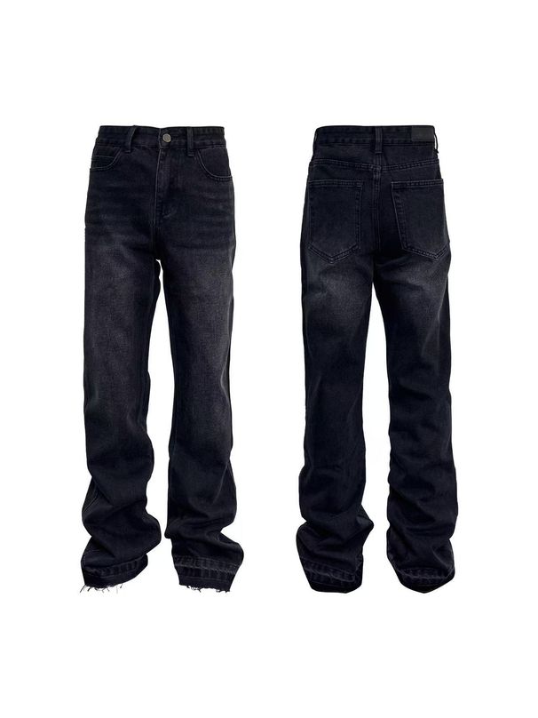 Cleanfit Men's Grey Flared Jeans Retro High Street Vibe Washed Ankle Tassel Detail Slim Fit Casual Denim Pants_mkmklike.com