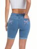 Fashionable Women's Stretch Mid-Rise Jeans Embroidered Rolled Hem Five Point Waist Casual Cotton Denim Spring/Autumn Summer_mkmklike.com