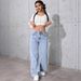 High Waist Straight Leg Jeans For Women - Summer Stretch Denim Pants With Relaxed Fit & Distressed Details_mkmklike.com