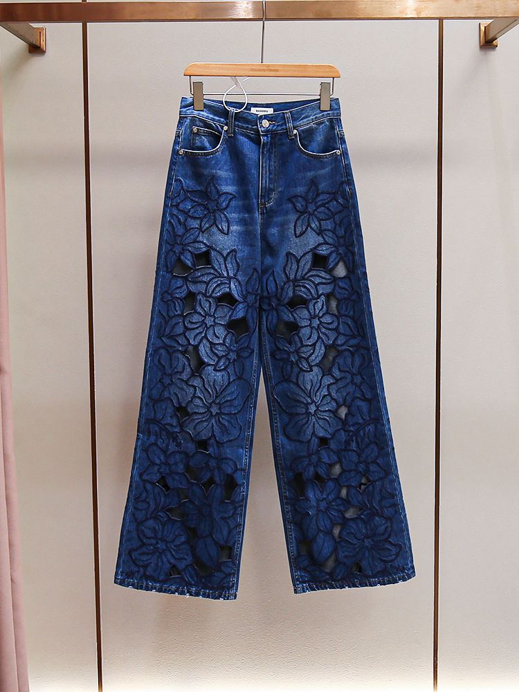 Elegant Floral Embroidered Lace-Up Denim Pants For Women - High Waist Wide Leg Summer Casual Trousers With Hollow-Out Design, Comfortable & Stylish_mkmklike.com