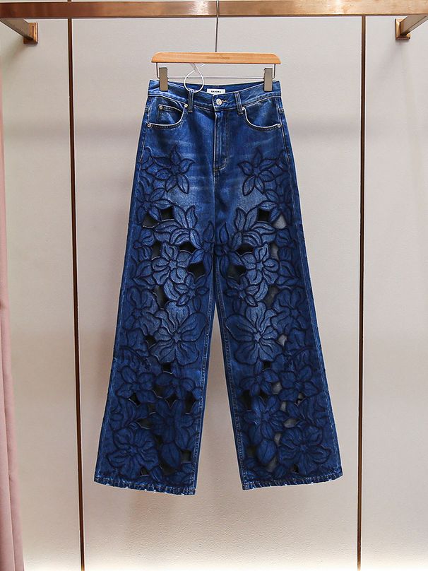 Elegant Floral Embroidered Lace-Up Denim Pants For Women - High Waist Wide Leg Summer Casual Trousers With Hollow-Out Design, Comfortable & Stylish_mkmklike.com