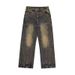 Men's Clothing Washed Yellow Mud Dyed Wide Leg Floor Length Jeans For Women, Loose Fitting, Retro, Distressed, Straight Leg._mkmklike.com