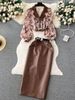 Women's Clothing collar floral chiffon shirt high waist tight PU leather skirt female high end outfit two piece suit_mkmklike.com