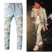 Men's Clothing High Street Fashion Brand Old Patch Paint Graffiti Hole Elastic Slim Washed Light Color Jeans_mkmklike.com