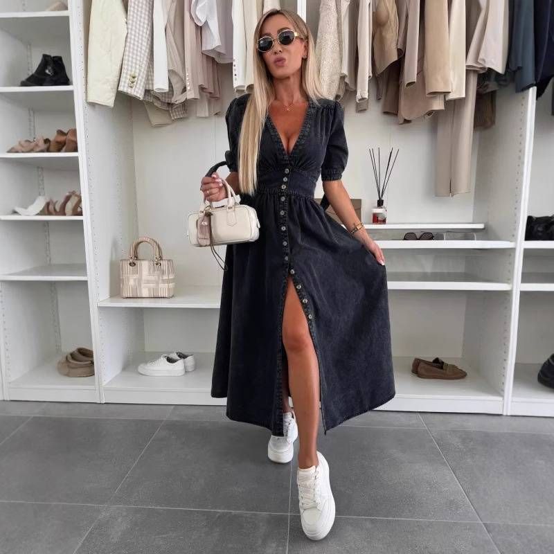 Women's Clothing Fashion Long Skirt V Neck Short Sleeve Loose Denim Long Button Dress_mkmklike.com