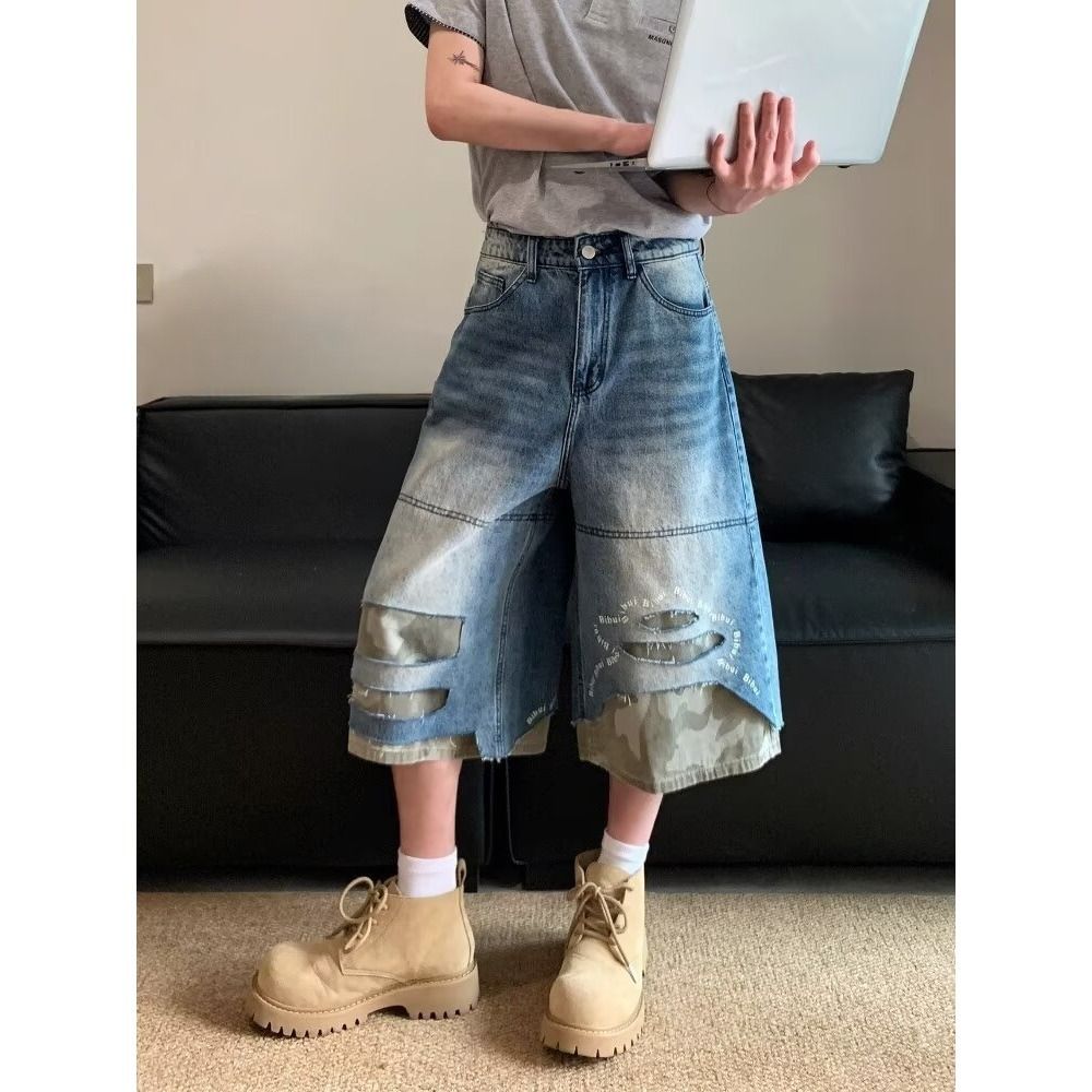Vintage Camo Patchwork Denim Shorts – Distressed Americana Cutoffs (Unisex Relaxed Fit, 55% Polyester, Raw Hem Detail, Streetwear Essential)_mkmklike.com