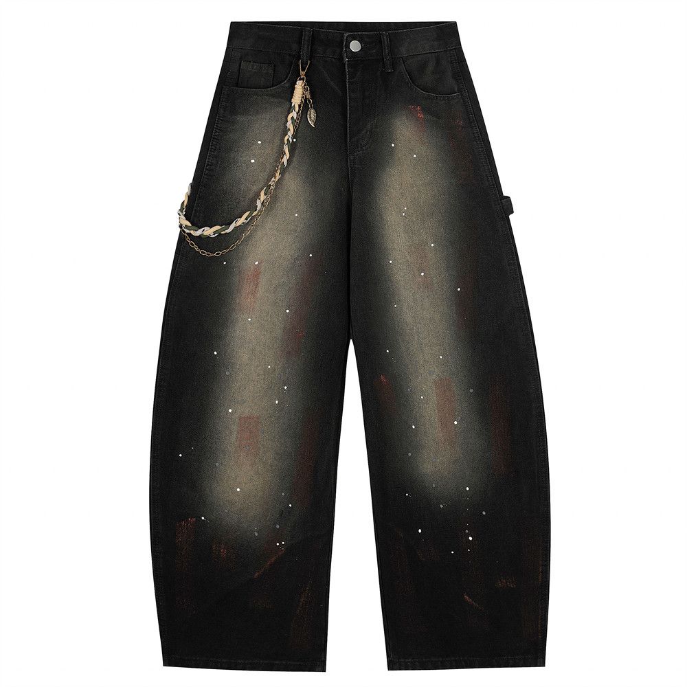 Post-apocalyptic Style Washed Ink Splash Denim Scimitar Pants Men's Street Fashion Punk Braided Chain Decor Design_mkmklike.com