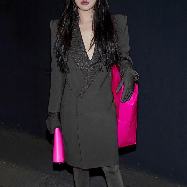 Women's clothing feather casual long-sleeved lapel suit jacket + casual slim-fit long trousers 2-piece set_mkmklike.com