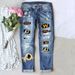Women's Clothing Fans Fashion New Hole Print Mid Waist Straight Women's Jeans_mkmklike.com