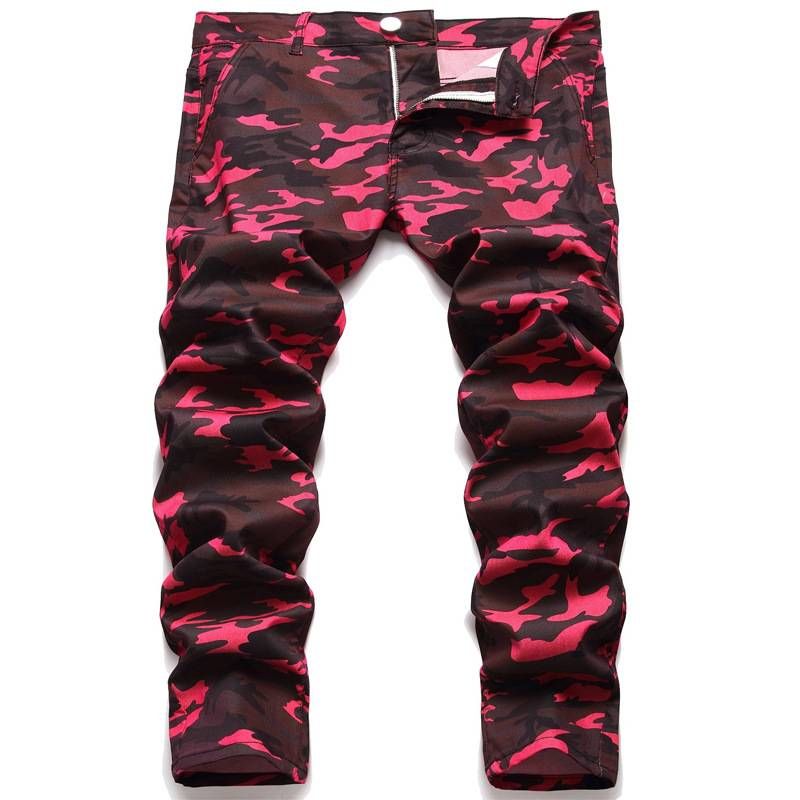 Men's Clothing Camouflage Trend Slim Jeans New Men's Fashion Personality Rose Red Contrast Color Slightly Stretch Jeans_mkmklike.com