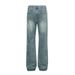 Men's Vintage Washed Blue Straight Leg Jeans - High Street Retro Denim Pants With Distressed Details_mkmklike.com