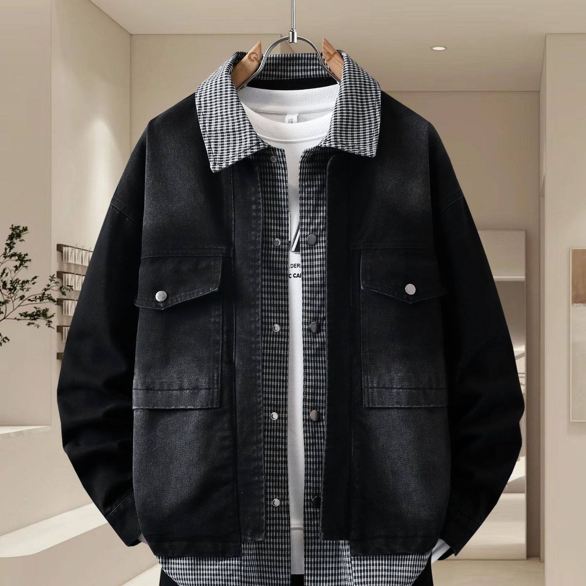 Men's Denim & Cotton Blend Jacket – Korean-Inspired Contrast Panel Design, Slim Fit Zip-Up Collar (Casual Streetwear, Spring/Fall Essential)_mkmklike.com