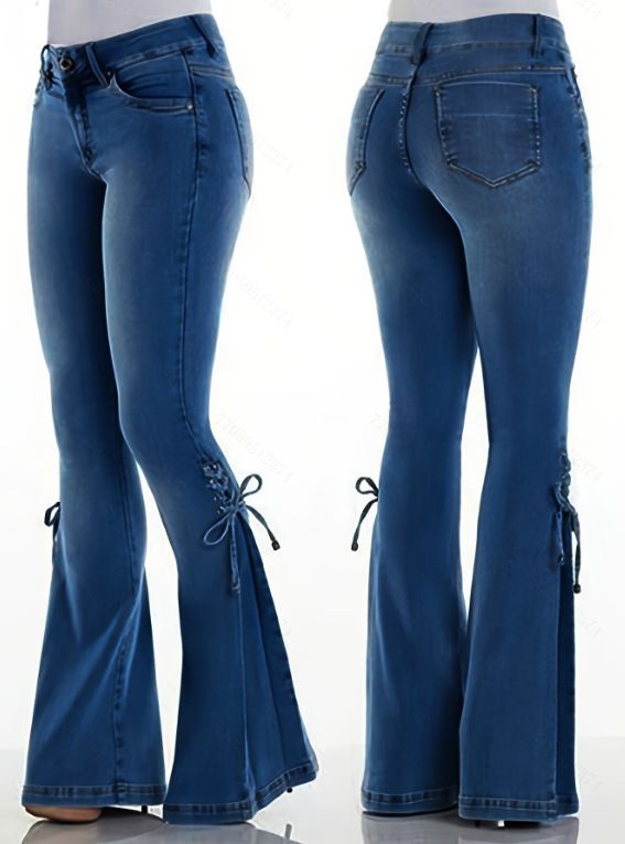 Women’s Clothing Jeans Mid Waist Tie Denim Trousers Stretch Jeans Women's Flared Pants_mkmklike.com