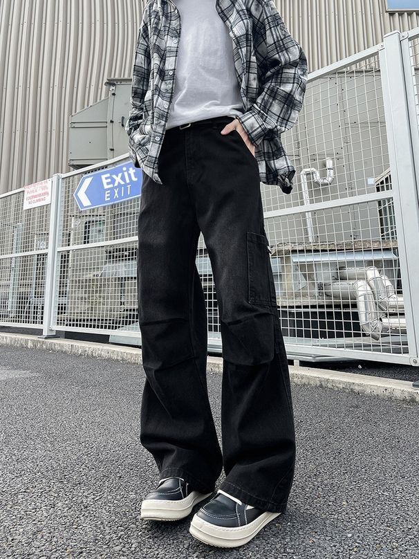 Men's Oversized Cargo Jeans With Pockets American High Street Style Loose Wide Leg Trousers Trendy Paratrooper Casual Autumn Wear_mkmklike.com
