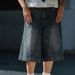Vintage Washed Denim Shorts for Men Retro Blue Distressed High Street Wide Leg Casual Cargo Capri Pants_mkmklike.com