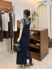 ELLE Early Autumn Irregular Retro Slit Denim Loose New Slimming Korean Style Strap Dress_mkmklike.com