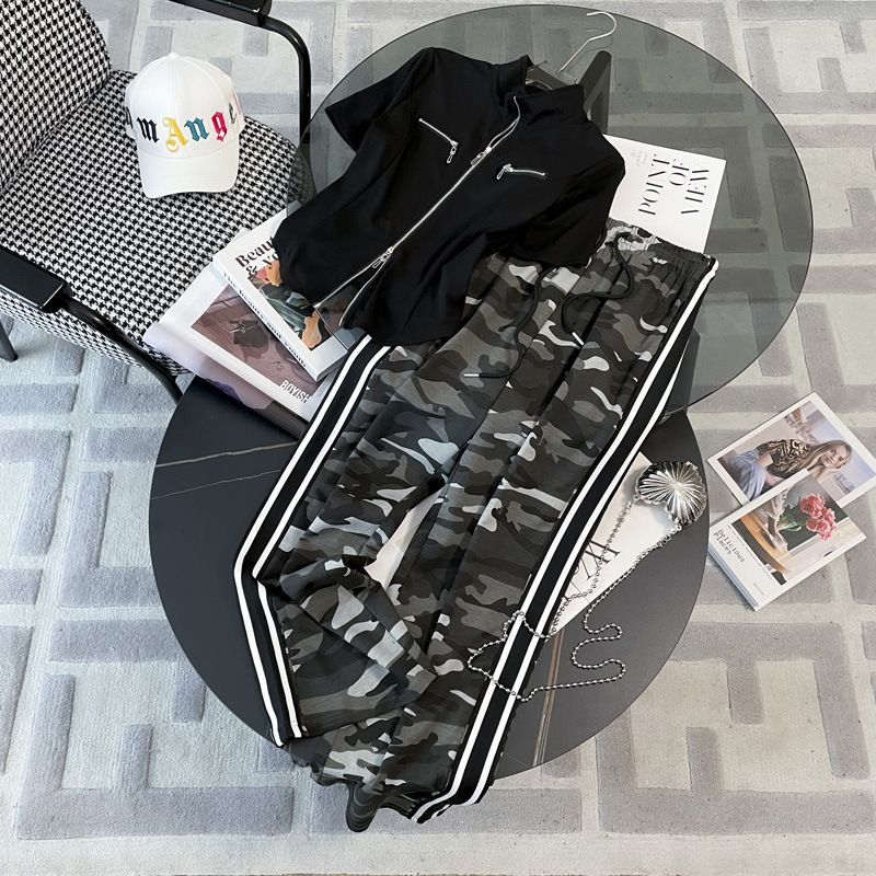 Women's Clothing Fashion street sports leisure suits for women summer new slim fit short sleeved trendy camouflage pants two piece suit_mkmklike.com