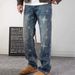 Men's Vintage Distressed Jeans, Streetwear Baggy Denim Pants With Graphic Print, Loose Fit High Waist Straight Leg For Casual & Urban Style_mkmklike.com
